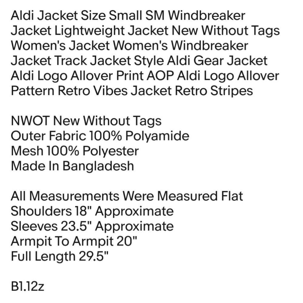 Aldi Jacket Size Small SM Windbreaker Jacket Lightweight Jacket New Without Tags - Picture 2 of 8